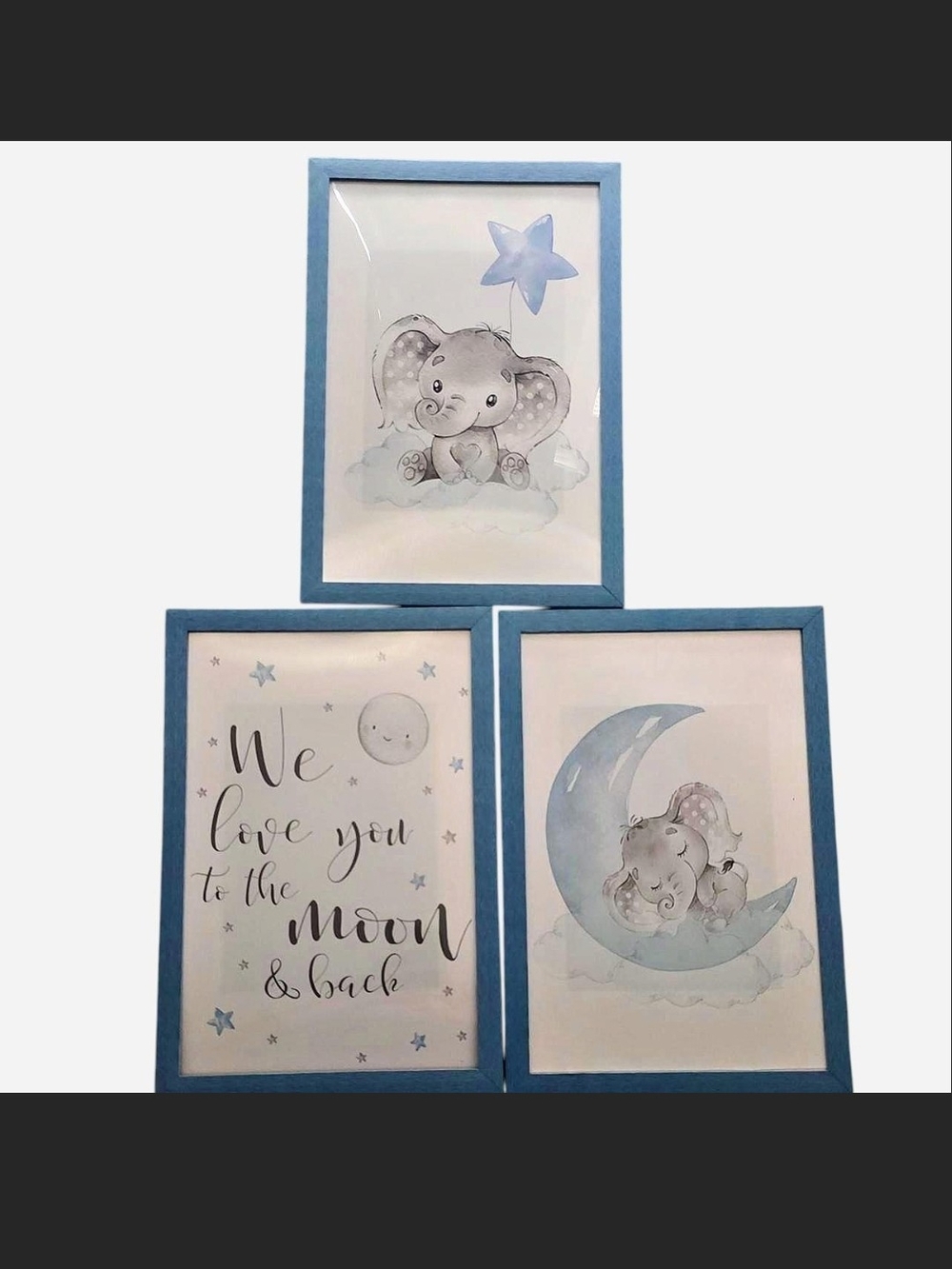 Nursery Wall Art Trio - Blue Elephant Moon Prints